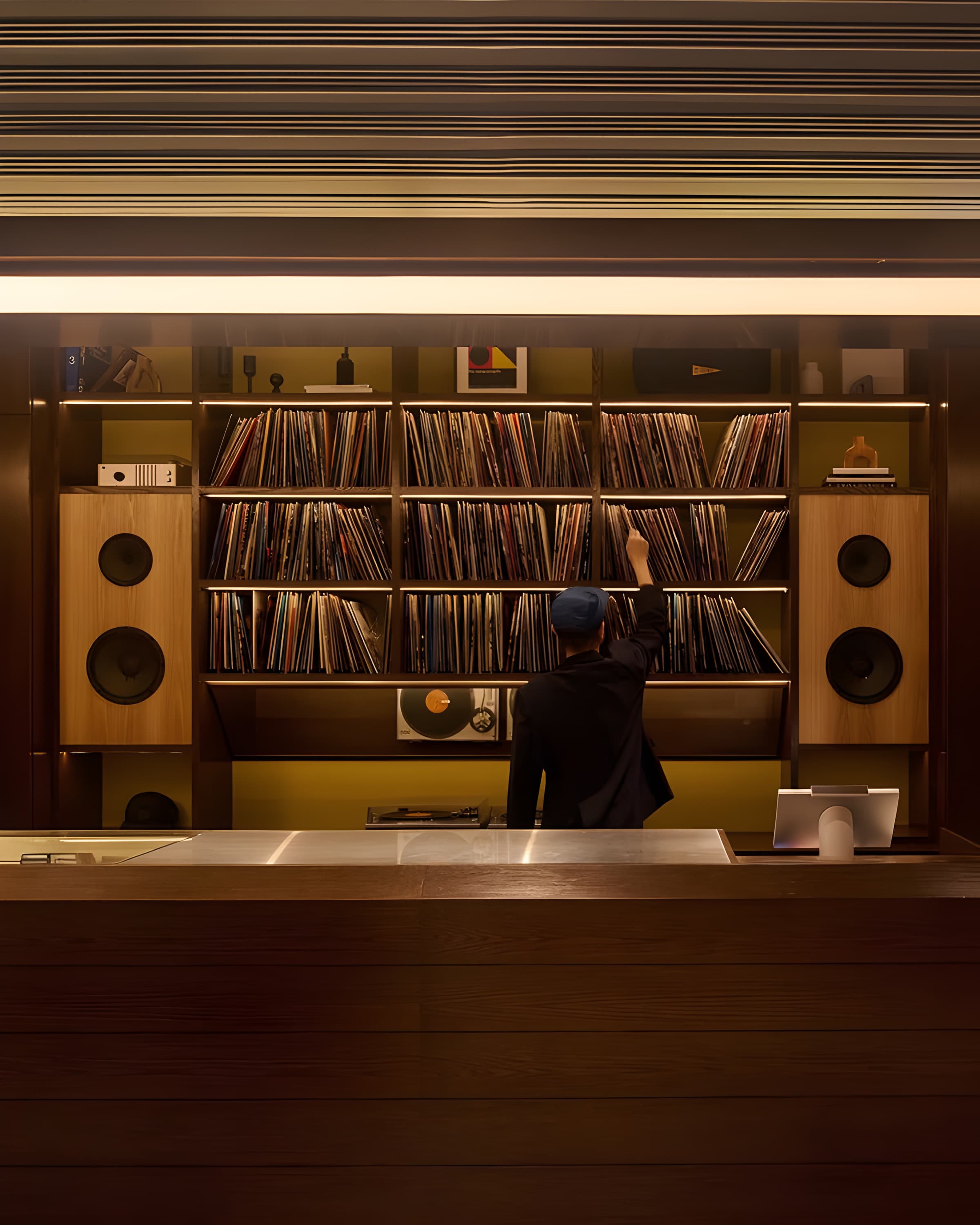 Record archive arranged in a warm listening room