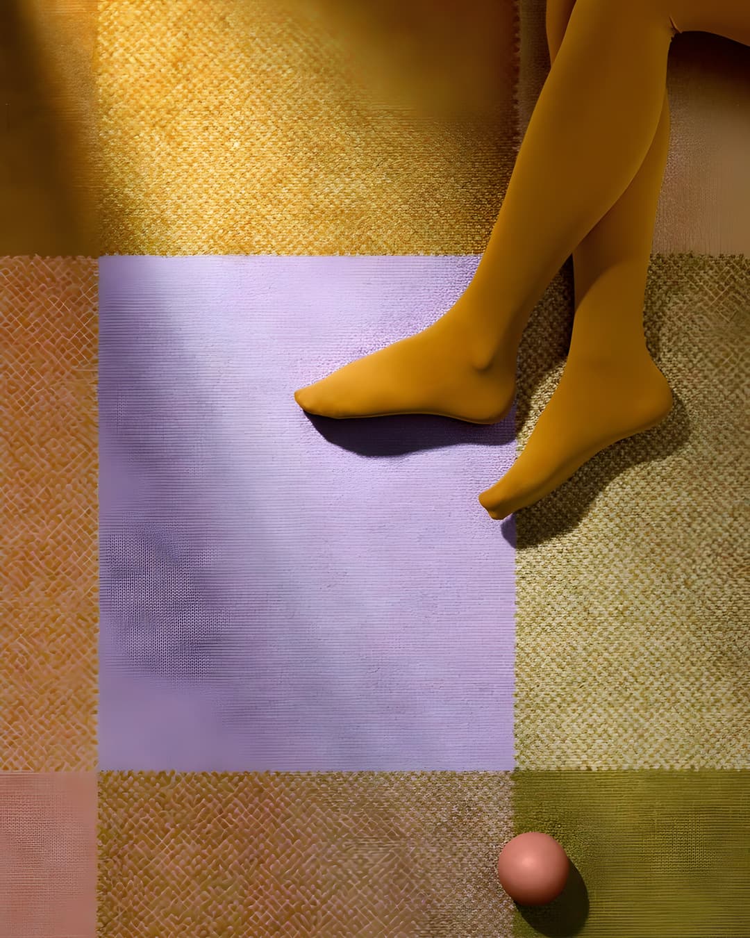 Yellow-clad legs arranged over vivid material samples